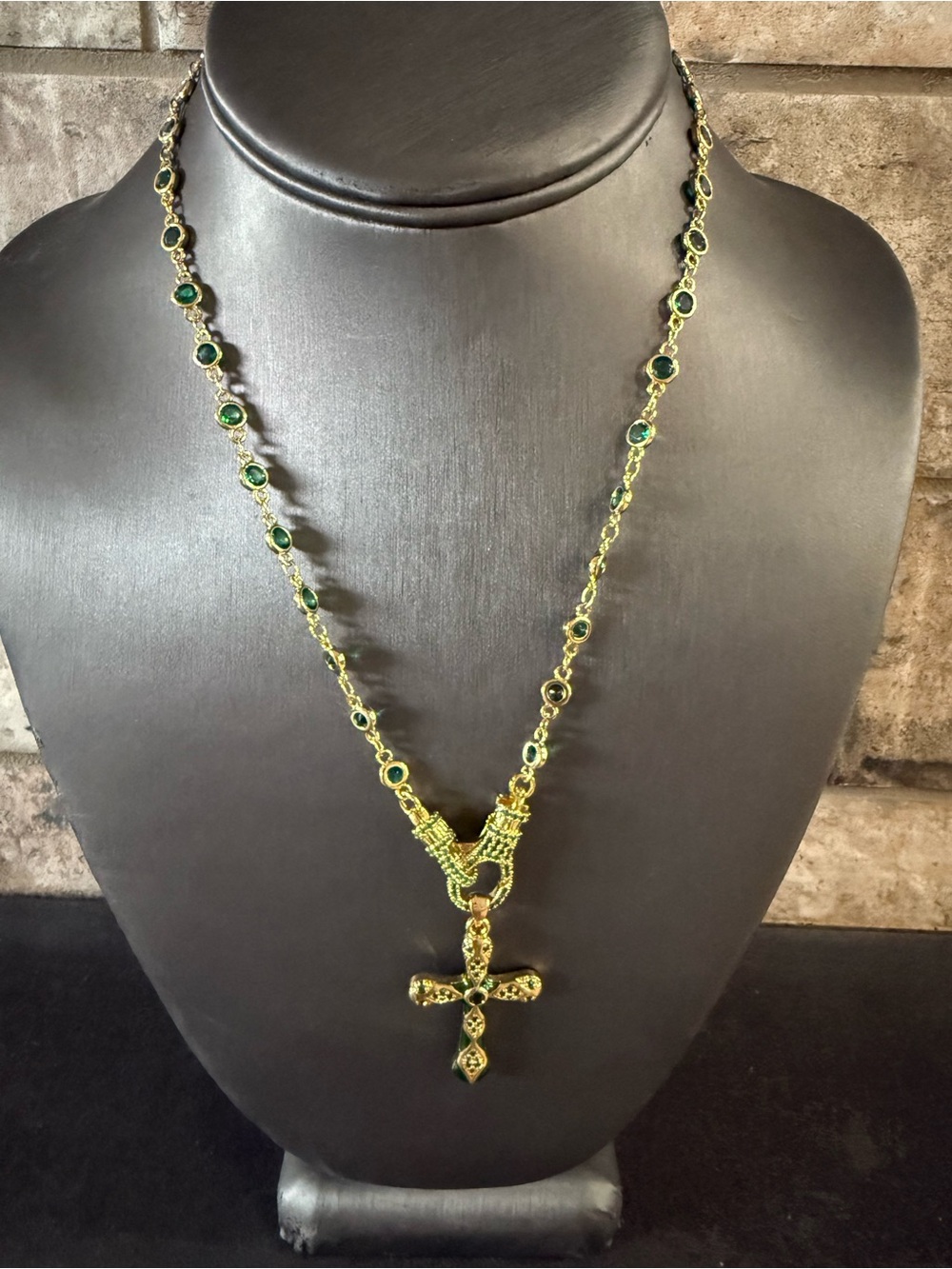 Freida Rothman Sterling Gold and Green Cross Pendant Necklace